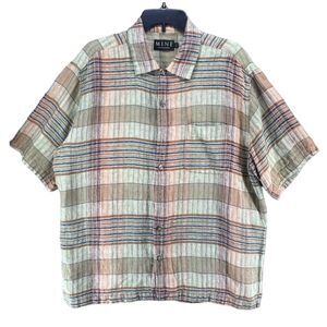MINE‎ London Camp Shirt Mens L Tan Multicolor Plaid Linen Coastal Resort Casual